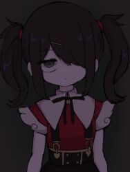 Rule 34 | 1girl, ame-chan (needy girl overdose), amefurashi (ungen1234), arms at sides, black eyes, black hair, black ribbon, black skirt, closed mouth, collared shirt, commentary, expressionless, grey background, hair ornament, hair over one eye, hair tie, highres, jaggy lines, long hair, looking at viewer, neck ribbon, needy girl overdose, red shirt, ribbon, shirt, shirt tucked in, skirt, solo, suspender skirt, suspenders, symbol-only commentary, twintails, upper body, x hair ornament