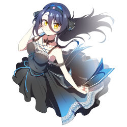 Rule 34 | absurdres, bare shoulders, black dress, black hairband, blue hair, blue ribbon, blush, breasts, choker, cleavage, closed mouth, dot nose, dress, gangzi (vtuber), hair between eyes, hairband, hand up, highres, indie virtual youtuber, korean streamer, long hair, looking at viewer, medium breasts, ribbon, ribbon-trimmed dress, sleeveless, sleeveless dress, smile, streamers, white background, yellow eyes, zonunoll
