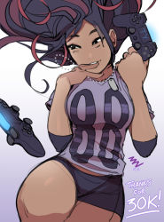 Rule 34 | 1girl, 88 (vashperado), black hair, breasts, commentary, controller, dog tags, dualshock, elbow pads, english commentary, finger to mouth, floating hair, game console, game controller, gamepad, medium breasts, milestone celebration, multicolored hair, original, playstation 4, playstation controller, print shirt, red hair, shirt, short shorts, shorts, solo, streaked hair, t-shirt, thank you, two-tone hair, vashperado, zero gravity