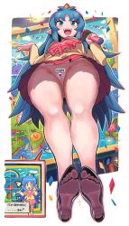 Rule 34 | 1girl, :d, blue eyes, blue hair, breasts, censored, confetti, fangs, feet, from below, full body, gashi-gashi, glass slipper, high heels, highres, horns, long hair, looking at viewer, matching hair/eyes, microphone, momotarou dentetsu, novelty censor, open mouth, panties, pantyshot, pink panties, pleated skirt, pointy ears, see-through, single horn, skirt, small breasts, smile, soles, solo, sparkle, standing, teeth, toes, underwear, yashahime (momotarou densetsu)