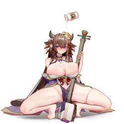 Rule 34 | 1girl, absurdres, animal ears, azur lane, bare shoulders, barefoot, blush, bottle, breasts, brown hair, cleavage, collarbone, cow ears, cow girl, cow horns, floating, flower, full body, hair flower, hair ornament, highres, holding, holding instrument, horns, huge breasts, instrument, japanese clothes, kanzashi, kashino (azur lane), kashino (robust floral strings) (azur lane), kimono, long hair, mihua mh, milk, milk bottle, official alternate costume, pelvic curtain, pouring, purple eyes, purple kimono, shamisen, simple background, solo, squatting, toes, very long hair, white background