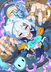 Rule 34 | 1girl, aqua bow, aqua bowtie, arms up, bandaged hand, bandaged leg, bandaged wrist, bandages, bandaid, bandaid on hand, blue bow, blue hair, blue nails, blue skirt, bow, bowtie, commentary request, commission, from above, ghost, ghost hair ornament, ghost pose, grey eyes, grey footwear, hair between eyes, hair ornament, highres, hitodama, hitodama hair ornament, light blue hair, long hair, long sleeves, looking at viewer, moon, open mouth, pleated skirt, shirt, skeb commission, skirt, solo, suzutuki sui, triangular headpiece, ushiki yoshitaka, varium, virtual youtuber, white shirt