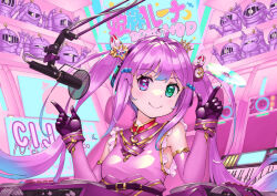 Rule 34 | 1girl, ahoge, candy hair ornament, crazypen, dress, elbow gloves, food-themed hair ornament, gloves, green eyes, hair ornament, heterochromia, himemori luna, hololive, instrument, keyboard (instrument), long hair, looking at viewer, luknight (himemori luna), microphone, pink dress, pink hair, purple eyes, sidelocks, sleeveless, smile, solo, twintails, virtual youtuber