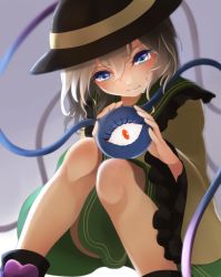 Rule 34 | 1girl, bad id, bad pixiv id, blue eyes, blurry, boots, crying, crying with eyes open, eyeball, gradient background, hat, hat ribbon, komeiji koishi, long sleeves, looking down, nemunemu (bluelight5), ribbon, shirt, short hair, silver hair, sitting, skirt, solo, string, tears, third eye, touhou, wide sleeves