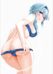 Rule 34 | 1girl, :o, ass, ass focus, bare shoulders, bent over, blue bra, blue hair, blue panties, blush, bra, breasts, butt crack, eula (genshin impact), from behind, genshin impact, hairband, highres, looking at viewer, looking back, medium breasts, o aries346, open mouth, panties, panty pull, purple eyes, sideboob, simple background, solo, sweat, thighs, underwear, undressing, white background
