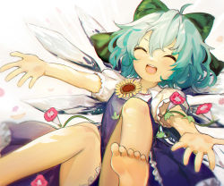 Rule 34 | 1girl, barefoot, blouse, blue dress, blue hair, bow, cirno, closed eyes, collared shirt, dress, fairy, flower, green bow, hair bow, ice, ice wings, open mouth, outstretched arms, pink flower, plant, shirt, short hair, short sleeves, simple background, siyumu, smile, soles, solo, spread arms, sunflower, tanned cirno, touhou, vines, white background, white shirt, wings, yellow flower