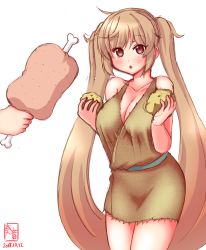 Rule 34 | 1girl, :o, alternate costume, bare shoulders, blush, boned meat, breasts, brown eyes, brown hair, caveman, cleavage, collarbone, dated, food, highres, kanon (kurogane knights), kantai collection, large breasts, light brown hair, long hair, meat, murasame (kancolle), open mouth, signature, simple background, solo, solo focus, standing, twintails, very long hair, white background