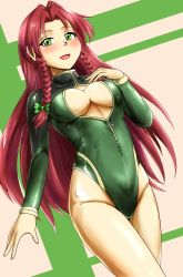 Rule 34 | 1girl, :d, blush, breast suppress, breasts, center opening, commentary request, covered collarbone, covered navel, d-m (dii emu), eyebrows hidden by hair, eyelashes, green eyes, hair spread out, half-closed eyes, hand up, highres, hong meiling, long hair, long sleeves, looking at viewer, open mouth, parted bangs, red hair, skin tight, smile, solo, touhou, underboob, unzipped, very long hair, zipper pull tab