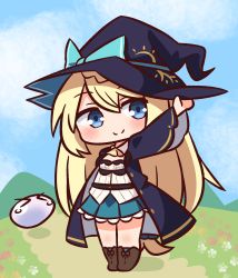 Rule 34 | &gt; &lt;, 1girl, aizawa azusa, black hat, black robe, blonde hair, blue bow, blue eyes, blue skirt, blue sky, blue socks, blush, boots, bow, breasts, brown footwear, closed mouth, cloud, commentary request, day, flower, hair between eyes, hana kazari, hand on headwear, hand up, hat, hat bow, highres, long hair, mountain, open clothes, open robe, outdoors, pleated skirt, red flower, robe, shirt, skirt, sky, slime (creature), slime taoshite 300 nen shiranai uchi ni level max ni nattemashita, small breasts, smile, socks, solo, very long hair, white flower, white shirt, witch hat, yellow flower