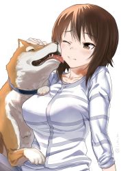 Rule 34 | 10s, 1girl, blouse, blush, breasts, brown eyes, brown hair, closed mouth, collarbone, dog, girls und panzer, hair between eyes, inu (aerodog), large breasts, licking, licking another&#039;s cheek, licking another&#039;s face, looking at another, nishizumi maho, shirt, short hair with long locks, signature, simple background, solo, twitter username, upper body, white background, white shirt