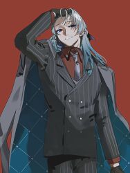 Rule 34 | 1boy, arm at side, asymmetrical bangs, bishounen, black gloves, black jacket, black pants, black ribbon, black suit, blue eyes, blue hair, braid, buttons, coat, coat on shoulders, collared shirt, cowboy shot, double-breasted, ear piercing, earrings, evil grin, evil smile, formal, french braid, gloves, gradient hair, grey coat, grey hair, grey necktie, grin, hair between eyes, hair ribbon, hand in own hair, highres, jacket, jewelry, lapels, looking at viewer, male focus, medium hair, multicolored hair, necktie, notched lapels, original, pants, piercing, pinstripe jacket, pinstripe pants, pinstripe pattern, pinstripe suit, red background, red pupils, red shirt, ribbon, shirt, side braids, simple background, smile, solo, standing, striped, suit, suit jacket, two-sided coat, two-sided fabric, yumu1059