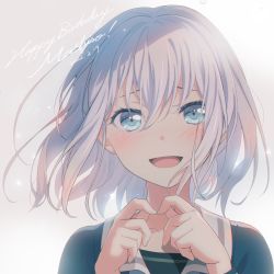 Rule 34 | 1girl, :d, absurdres, bang dream!, blue eyes, blue shirt, blush, character name, commentary, dated, fingers together, gradient background, grey background, hair between eyes, hands up, happy birthday, highres, kurata mashiro, light particles, long sleeves, looking at viewer, medium hair, nobusawa osamu, nose blush, open mouth, portrait, school uniform, shirt, silver hair, smile, solo, tsukinomori school uniform, white background