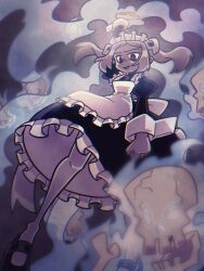 Rule 34 | 1girl, apron, arm above head, arm up, bloody marie (skullgirls), bone, brooch, dress, fire, floating, frilled apron, frilled dress, frills, grey hair, hair ornament, highres, jewelry, juliet sleeves, kusotime4u, long sleeves, maid apron, maid headdress, mary janes, open mouth, pantyhose, puffy sleeves, red eyes, shoes, skull, skull hair ornament, skullgirls, smile, solo, twintails