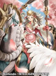 Rule 34 | 1girl, blue sky, brown eyes, brown hair, cherry blossoms, closed mouth, company name, copyright name, feathered wings, fire emblem, fire emblem cipher, fire emblem fates, gloves, hana (fire emblem), holding, long hair, nintendo, official art, pegasus, pegasus knight uniform (fire emblem), petals, pink gloves, polearm, riding, sky, smile, solo, tenshu (mighto), weapon, white wings, wings