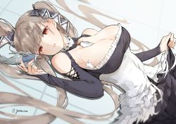 Rule 34 | 1girl, azur lane, between breasts, black bow, black dress, bow, breasts, bridal gauntlets, brown hair, cleavage, clothing cutout, commentary request, corset, detached collar, dress, dutch angle, formidable (azur lane), frilled dress, frills, from side, hair bow, holding, large breasts, layered dress, long hair, looking at viewer, looking to the side, lying, maid, neko (ganecooo), on back, parted lips, red eyes, shoulder cutout, skirt hold, solo, toy airplane, twintails, twitter username, very long hair
