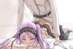 Rule 34 | 1boy, 1girl, artist request, ass, bad id, bad pixiv id, bare shoulders, bed, blush, breasts, choker, clothed sex, clothes lift, clothes pull, collarbone, covering own mouth, crying, doggystyle, dress, dress lift, euryale (fate), face in pillow, fate/grand order, fate/hollow ataraxia, fate (series), frilled choker, frilled dress, frills, fujimaru ritsuka (male), full body, hairband, hetero, hugging object, lolita hairband, long hair, pillow, pillow hug, prone bone, purple eyes, purple hair, ribbon, sex, sex from behind, sidelocks, sleeveless, sleeveless dress, small breasts, solo focus, tears, twintails, very long hair
