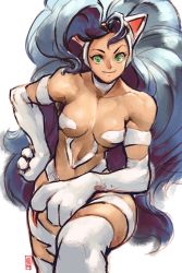 Rule 34 | 1girl, animal ears, animal hands, arm on knee, big hair, blue hair, breasts, capcom, cat ears, cat girl, cat paws, claws, commentary, cowboy shot, david liu, fangs, felicia (vampire), green eyes, hand on own hip, highres, large hands, leg lift, looking at viewer, medium breasts, narrow waist, signature, smile, solo, toned, vampire (game), white background, white fur