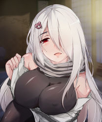 Rule 34 | 1girl, bare shoulders, bear hair ornament, blush, breast hold, breasts, cleavage, covered erect nipples, eyebrows, girls&#039; frontline, hair ornament, hair over one eye, highres, large breasts, long hair, looking at viewer, pk (girls&#039; frontline), pov, red eyes, scarf, silver hair, smile, solo, very long hair, zuo wei er