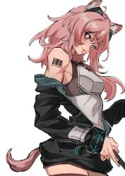 Rule 34 | 1girl, animal ears, arknights, armor, barcode, bare shoulders, blush, breastplate, breasts, brown eyes, gravel (arknights), grin, highres, looking at viewer, off shoulder, pink hair, simple background, smile, solo, tail, thighhighs, towtow redoland, white background