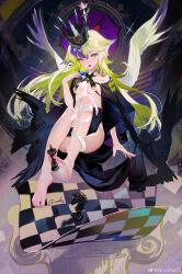 Rule 34 | 1girl, absurdres, barefoot, black cape, black headwear, breasts, cape, chess piece, creature, criss-cross halter, crown, floating, flower, full body, grandia lee, green hair, halterneck, hand up, highres, horns, leg ribbon, long hair, multicolored hair, open mouth, original, pink flower, purple hair, ribbon, single horn, small breasts, solo, weibo logo, white ribbon, white wings, wings