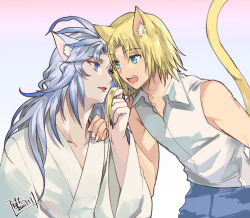 Rule 34 | 2boys, aikawaazumi, alternate costume, animal ears, blonde hair, blue eyes, blue hair, blue pants, cat boy, cat day, cat ears, cat tail, claws, collared shirt, commentary request, eyeshadow, fang, final fantasy, final fantasy ix, forehead-to-forehead, gradient background, gradient hair, grey hair, hand on another&#039;s shoulder, heads together, holding another&#039;s hair, japanese clothes, kemonomimi mode, kimono, kuja, leaning forward, light smile, long hair, looking at another, makeup, male focus, multicolored hair, multiple boys, open mouth, pants, parted lips, ponytail, purple eyes, purple nails, red eyeshadow, shirt, short hair with long locks, signature, sleeveless, sleeveless shirt, tail, upper body, white kimono, yaoi, zidane tribal