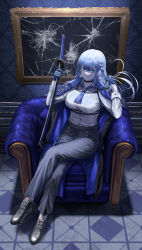 Rule 34 | 1girl, absurdres, black footwear, black pants, blue eyes, blue gloves, blue hair, breasts, chair, closed mouth, crossed legs, full body, gloves, highres, holding, holding sword, holding weapon, katana, large breasts, long hair, long sleeves, looking at viewer, original, pants, shirt, shirt tucked in, silvertsuki, sitting, sword, weapon, white shirt