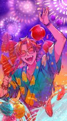 Rule 34 | 1boy, closed eyes, dededon04, ear piercing, facing viewer, fireworks, fish, floral print, glasses, gold necklace, happy, highres, holostars, jewelry, male focus, mole, mole under eye, necklace, official alternate costume, open mouth, orange hair, piercing, purple sky, shirt, short hair, sky, smile, solo, virtual youtuber, yukoku roberu