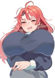 Rule 34 | 1girl, ahoge, arms under breasts, black shirt, blush, breast lift, breasts, earrings, heavy breathing, huge breasts, jewelry, long hair, looking at viewer, looking down, magicami, ohtori aka, open mouth, red eyes, red hair, saidasai, shirt, sweat, sweater, white sweater