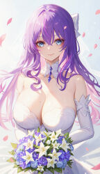 Rule 34 | 1girl, absurdres, bare shoulders, blue background, blue eyes, blue flower, bouquet, bow, breasts, bridal veil, bride, cleavage, closed mouth, commentary request, dress, elbow gloves, eoe, falling petals, floralmi, flower, gloves, hair bow, highres, holding, holding bouquet, large breasts, long hair, looking at viewer, mole, mole under eye, petals, pink lips, purple hair, skindentation, smile, solo, strapless, strapless dress, upper body, veil, virtual youtuber, wedding dress, white bow, white dress, white flower, white gloves, white veil, yumo (eoe)