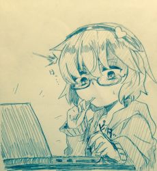 Rule 34 | 1girl, alternate costume, closed mouth, commentary request, computer, efukei, glasses, hair ornament, hairband, hand up, heart, heart hair ornament, highres, hood, hood down, hoodie, komeiji satori, laptop, long sleeves, monochrome, mouth hold, one-hour drawing challenge, semi-rimless eyewear, short sleeves, solo, sweat, touhou, traditional media, under-rim eyewear, upper body