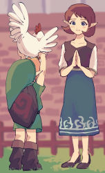 Rule 34 | 1boy, 1girl, age difference, animal, anju, arms up, bird, blonde hair, blue eyes, blue skirt, blurry, blurry background, blush, boots, brick wall, brown footwear, brown hair, brown shirt, chicken, child, cucco, dot nose, eyebrows, fence, from behind, full body, green headwear, hat, highres, holding, holding animal, link, long skirt, long sleeves, looking at another, nintendo, outdoors, own hands together, pointy ears, shield, shirt, short hair, short sleeves, size difference, skirt, smile, standing, the legend of zelda, the legend of zelda: ocarina of time, tunic, wooden fence, yamoooon21, young link
