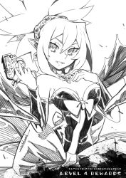 Rule 34 | 1girl, bad id, bad pixiv id, bow, cowboy shot, disgaea, dress, greyscale, gun, holding, holding gun, holding weapon, ian olympia, jewelry, looking at viewer, makai senki disgaea 2, monochrome, pointy ears, ring, rozalin, short hair, smile, solo, spiked hair, strapless, strapless dress, watermark, weapon, web address, wings