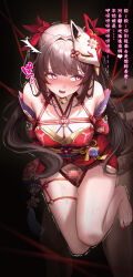 Rule 34 | 1boy, 1girl, absurdres, bare shoulders, barefoot, bdsm, bell, black choker, bondage, bound, bound arms, breasts, brown hair, censored, choker, cleavage, dark-skinned male, dark skin, dress, erection, fox mask, frottage, grinding, hetero, highres, honkai: star rail, honkai (series), hungz, long hair, looking at viewer, mask, mask on head, medium breasts, mosaic censoring, neck bell, penis, pink eyes, pussy juice, red dress, rope, shibari, shibari over clothes, smile, solo, sparkle (honkai: star rail), suspension, thigh sex, trembling, twintails