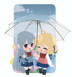 Rule 34 | 2girls, absurdres, anisphia wynn palettia, bag, black socks, blonde hair, blue flower, blue skirt, bow, bowtie, closed eyes, cloud, commentary, contemporary, day, euphyllia magenta, flower, grey hair, grey sweater, highres, holding, holding umbrella, long hair, long sleeves, looking at another, medium hair, mimimi 2434789, multiple girls, open mouth, outdoors, pink sweater vest, plaid, plaid skirt, purple eyes, purple flower, rain, red bow, red bowtie, school bag, school uniform, shirt, skirt, smile, socks, sweater, sweater vest, symbol-only commentary, tensei oujo to tensai reijou no mahou kakumei, transparent, transparent umbrella, umbrella, white shirt