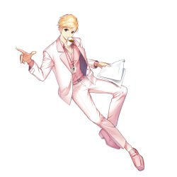 Rule 34 | 1boy, alternate hair color, belt, black eyes, blonde hair, business suit, closers, coffee, collared shirt, cup, disposable cup, dress shirt, dress shoes, formal, full body, hand up, highres, holding, holding cup, holding paper, id card, invisible chair, jacket, lanyard, long sleeves, looking at viewer, male focus, mouth hold, official art, open clothes, open jacket, pants, paper, paperclip, pink belt, pink footwear, pink shirt, salaryman, seha lee, shirt, short hair, sitting, socks, solo, suit, suit jacket, tachi-e, v-shaped eyebrows, watch, white background, white jacket, white pants, white socks, wristwatch
