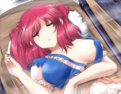 Rule 34 | 1girl, blush, boat, breasts, cleavage, closed eyes, female focus, hair bobbles, hair ornament, large breasts, no nose, nori tamago, onozuka komachi, open clothes, open shirt, red hair, shirt, short hair, sleeping, solo, touhou, twintails, two side up, watercraft