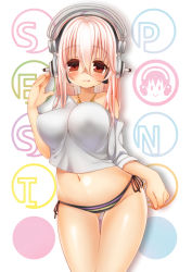 Rule 34 | 1girl, :p, :q, bikini, bikini bottom only, blush, breasts, english text, headphones, impossible clothes, impossible shirt, inuue kiyu, jewelry, large breasts, licking lips, long hair, looking at viewer, naughty face, navel, necklace, nitroplus, off shoulder, panties, pink hair, red eyes, shirt, smile, solo, super sonico, swimsuit, thigh gap, thighs, tongue, tongue out, underwear