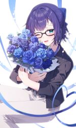 1girl a-chan_(2nd_costume)_(hololive) a-chan_(hololive) absurdres black_jacket blue_bow blue_eyes blue_hair blue_ribbon blush bouquet bow flower glasses hair_bow highres holding holding_bouquet hololive jacket kio_is_here lanyard looking_at_viewer official_alternate_costume one_eye_closed pants ribbon shirt short_hair sitting smile solo virtual_youtuber white_background white_pants