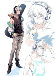 Rule 34 | 1boy, absurdres, antenna hair, belt, bishounen, boots, denim, dog, dog tags, eating, expressionless, food, food on face, full body, grey hair, hand on belt, headphones, highres, hot dog, instrument case, jacket, jeans, looking to the side, male focus, medium hair, multiple views, nail polish, naitou-kun, nifffi, nitro+ chiral, off shoulder, open clothes, open jacket, pants, red eyes, shading eyes, standing, tank top, torn clothes, welsh corgi