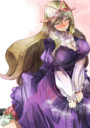 Rule 34 | 2girls, blonde hair, blush, breasts, chen, cleavage, clenched teeth, colored eyelashes, dress, dress grab, gradient background, hair ribbon, heavy breathing, large breasts, layered sleeves, long hair, long sleeves, looking to the side, multiple girls, multiple tails, pink background, purple dress, purple eyes, ribbon, see-through, short over long sleeves, short sleeves, sitting, skirt, sweat, tail, tears, teeth, touhou, two-tone background, two tails, under skirt, very long hair, vest, wariza, white background, yakumo yukari, yohane, yuri