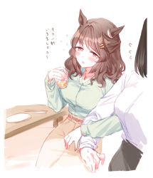 Rule 34 | 2girls, animal ears, blush, breasts, brown hair, chabudai (table), cup, drinking glass, drunk, feet out of frame, flying sweatdrops, green shirt, hair ornament, hairclip, holding, holding cup, horse ears, jewelry, large breasts, light hello (umamusume), locked arms, long sleeves, looking at another, looking to the side, multiple girls, open mouth, pants, pendant, romi (346 ura), shirt, squeans, table, translation request, umamusume, white background, white shirt, yellow pants