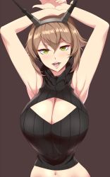 Rule 34 | 1girl, armpits, arms up, black sweater, blush, breasts, brown background, brown hair, cleavage, cleavage cutout, clothing cutout, flipped hair, green eyes, hair between eyes, hand on own wrist, headgear, highres, kantai collection, kloah, large breasts, looking at viewer, meme attire, midriff, mutsu (kancolle), navel, open-chest sweater, open mouth, seductive smile, short hair, simple background, sleeveless, smile, solo, sweater, turtleneck, upper body, virgin killer sweater