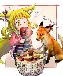Rule 34 | 1girl, absurdres, animal ears, blonde hair, blunt bangs, child, commentary request, cooking, doitsuken, dress, flying sweatdrops, food, fox, fox ears, fox girl, fox tail, grilling, hand fan, highres, holding, holding fan, long sleeves, looking at another, multiple tails, mushroom, original, pantyhose, paper fan, pink dress, short eyebrows, short hair, squatting, striped clothes, striped legwear, striped pantyhose, tail, thick eyebrows, two tails, yellow eyes