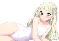 Rule 34 | 1girl, absurdres, aikatsu!, aikatsu! (series), bare shoulders, blonde hair, blue eyes, blush, closed mouth, highres, long hair, looking at viewer, lying, on side, one-piece swimsuit, school swimsuit, sekina, simple background, solo, swimsuit, todo yurika, two side up, white background, white one-piece swimsuit