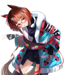 Rule 34 | 1girl, absurdres, animal ears, black gloves, black shirt, black shorts, blush, breasts, brown hair, coat, cowboy shot, ear ornament, fanny pack, fingerless gloves, glasses, gloves, grin, headphones, headphones around neck, highres, horse ears, horse girl, horse tail, leaning to the side, long sleeves, open clothes, open coat, rakasei5050, red eyes, shirt, short hair, shorts, simple background, small breasts, smile, solo, standing, tail, thighhighs, transcend (umamusume), umamusume, w, white background