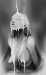 Rule 34 | 1girl, breasts, closed eyes, commentary, cum, eyelashes, facial, greyscale, highres, large breasts, lips, long hair, lotion, monochrome, nipples, nose, optionaltypo, sexually suggestive, solo, suggestive fluid