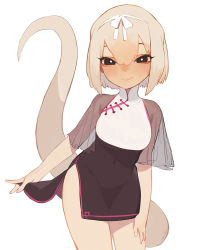 Rule 34 | 1girl, anteater tail, beijuu, black eyes, china dress, chinese clothes, closed mouth, dress, hairband, hand on own thigh, kemono friends, lifting own clothes, looking at viewer, navel, see-through, short hair, silky anteater (kemono friends), simple background, smile, solo, standing, tail, white background