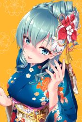 Rule 34 | 10s, 1girl, alternate costume, alternate hairstyle, aqua eyes, aqua hair, awa yume, blue kimono, blush, braid, breasts, curly hair, eyelashes, feather hair ornament, feathers, fingernails, floral background, floral print, flower, from above, hair between eyes, hair flower, hair ornament, hair up, highres, japanese clothes, kantai collection, kanzashi, kimono, lace, large breasts, long hair, long sleeves, looking at viewer, obi, orange background, red flower, sash, seigaiha, smile, solo, suzuya (kancolle), tassel, tongue, tongue out, updo, upper body, wide sleeves