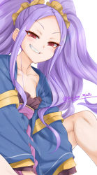 Rule 34 | 1girl, breasts, chinese clothes, collarbone, dress, fate/grand order, fate (series), forehead, grin, hair ornament, hair scrunchie, hanfu, knees up, long hair, long sleeves, looking at viewer, parted bangs, purple dress, purple hair, red eyes, scrunchie, shawl, sidelocks, small breasts, smile, torichamaru, twintails, very long hair, wide sleeves, wu zetian (fate), yellow scrunchie