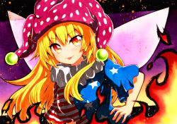 Rule 34 | 1girl, american flag shirt, bad id, bad pixiv id, blonde hair, closed mouth, clownpiece, fairy wings, fire, gradient background, gradient eyes, hat, highres, jester cap, long hair, looking at viewer, multicolored eyes, neck ruff, polka dot headwear, purple background, qqqrinkappp, red eyes, shirt, smile, solo, star (symbol), star print, striped clothes, striped shirt, tongue, tongue out, touhou, traditional media, upper body, v-shaped eyebrows, wings